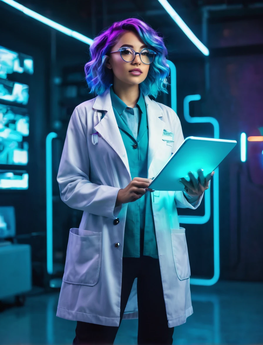 A young woman with wavy, teal-colored hair and round glasses, displaying a confident and focused demeanor. She is dressed in a futuristic lab coat over a light blue outfit, with glowing neon accents. She holds a tablet and a glowing clipboard, suggesting a high-tech environment. The background is a deep purple, complementing her vibrant appearance.