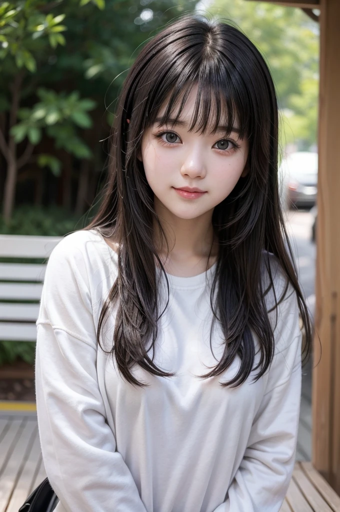 Female university student。With bangs。Black Hair。cute image。A little bit more grown-up。