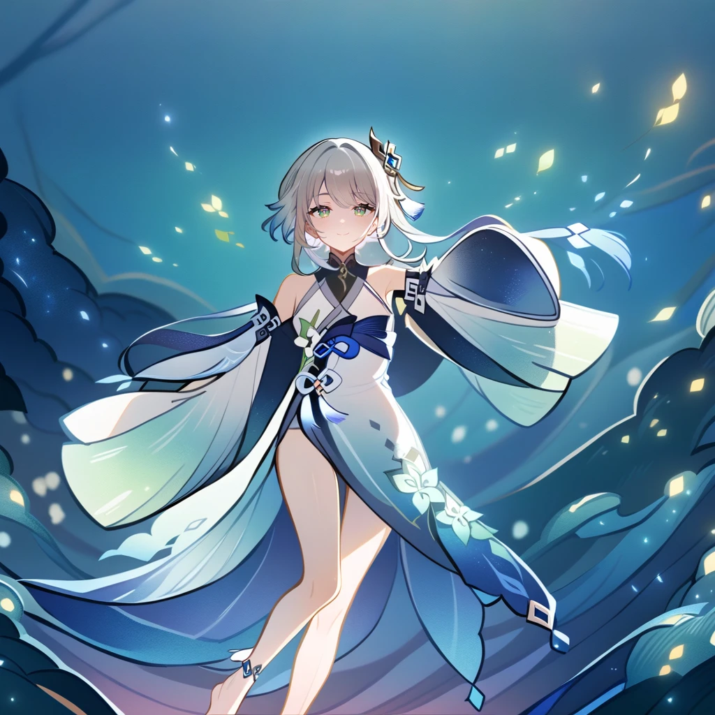 1girl, guizhong_\(genshin_impact\),light grey hair,short_hair_with_long_locks,starry_sky_print,detached_sleeves, long sleeves that drape over hands past fingers,dancing,hanfu,illustrated by matsuryuu and agahari and dsmile,pale green-grey eyes,stunning field of softly glowing blue and white glaze lilies,night scene,gentle smile,moonlight,glossy lips,soft anime coloring,cel shading,smooth, soft dreamy focus,anklet,halter_top,white clothes,highly detailed,digital painting,field of flowers,bare_shoulders,mihoyo,barefoot,cool night tones, magical night scene,masterpiece, best quality, film, bokeh, multicolored light particles,professional, 4k, highly detailed,fireflies,Guardian nebula of rainbow light and silvery vapor,ai-generated,goddess of stardust,realistic:.25