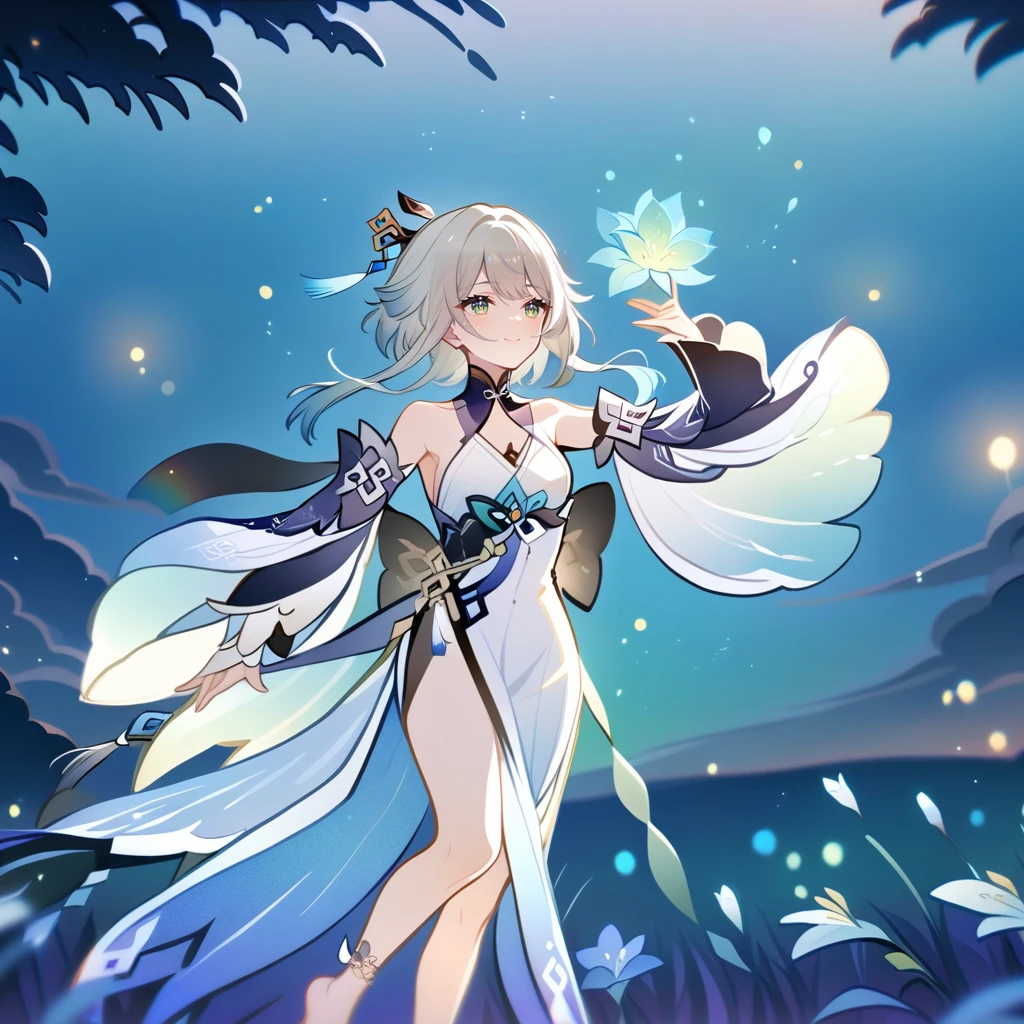 1girl, guizhong_\(genshin_impact\),light grey hair,short_hair_with_long_locks,starry_sky_print,detached_sleeves, long sleeves that drape over hands past fingers,dancing,hanfu,illustrated by matsuryuu and agahari and dsmile,pale green-grey eyes,stunning field of softly glowing blue and white glaze lilies,night scene,gentle smile,moonlight,glossy lips,soft anime coloring,cel shading,smooth, soft dreamy focus,anklet,halter_top,white clothes,highly detailed,digital painting,field of flowers,bare_shoulders,mihoyo,barefoot,cool night tones, magical night scene,masterpiece, best quality, film, bokeh, multicolored light particles,professional, 4k, highly detailed,fireflies,Guardian nebula of rainbow light and silvery vapor,ai-generated,goddess of stardust,realistic:.25