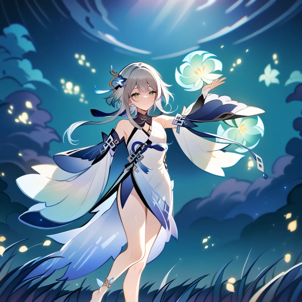 1girl, guizhong_\(genshin_impact\),light grey hair,short_hair_with_long_locks,starry_sky_print,detached_sleeves, long sleeves that drape over hands past fingers,dancing,hanfu,illustrated by matsuryuu and agahari and dsmile,pale green-grey eyes,stunning field of softly glowing blue and white glaze lilies,night scene,gentle smile,moonlight,glossy lips,soft anime coloring,cel shading,smooth, soft dreamy focus,anklet,halter_top,white clothes,highly detailed,digital painting,field of flowers,bare_shoulders,mihoyo,barefoot,cool night tones, magical night scene,masterpiece, best quality, film, bokeh, multicolored light particles,professional, 4k, highly detailed,fireflies,Guardian nebula of rainbow light and silvery vapor,ai-generated,goddess of stardust,realistic:.25