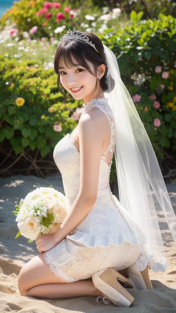 (8k, Photorealistic, Raw photo, Highest quality: 1.4),Japanese idol-style beautiful girl,model,1 person,18-year-old,(Short Bob),(Black Hair),tiara,She has her hair tucked behind her ears,Clear grey eyes,(Long eyelashes),(eye shadow),(Eyeliner),(eyeliner),(piercings(small)),cheek(Beige brown color),(Lip gloss(Deep vermilion)),lips(Plump,glossy),Translucent white and finely textured skin,thin long neck,Thin and delicate shoulders,(Lace gloves(White)),(Wedding Bouquet :1.1),(Wedding dress((Frills),(Lace embroidery),(Plumpしたロングスカート :1.2))),(layer),(The veil is fluttering in the wind),(High heels(White)),(Seaside Garden Wedding),(Background with a view of the sandy beach),(Smiling at the camera),(Full body portrait)
