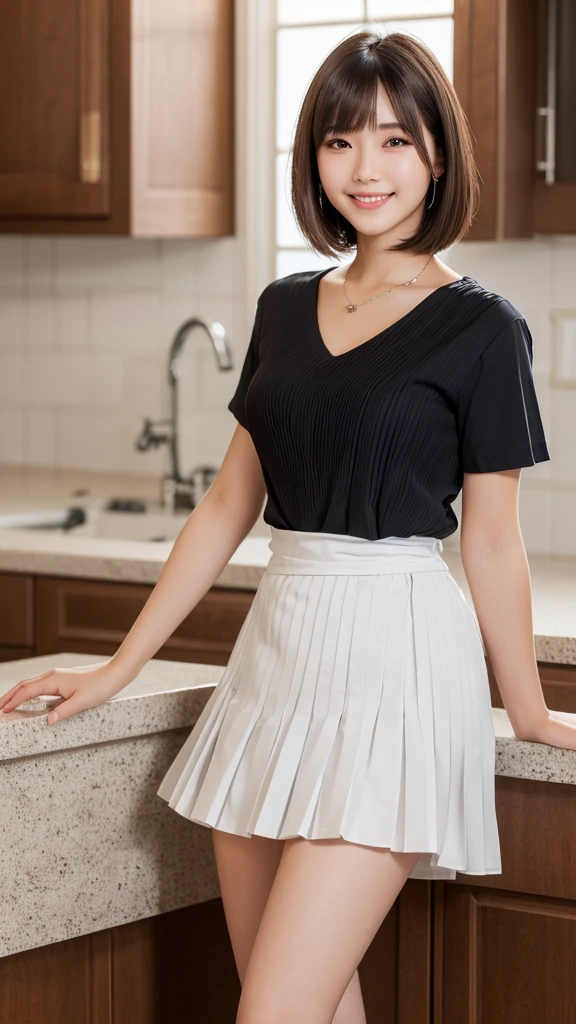 (Highest quality: 1.5), (Realistic: 1.5), (1 person: 1.5), Very detailed, High resolution, 8k,Natural color lips, Cute Smile, Japanese women, 20-year-old girl, Beautiful and elegant features, Perfect and beautiful face, Balanced big eyes, Beautiful and elegant features, Natural double eyelids, Natural Bangs, Beautiful thin nose, Beautiful Skin, Medium Bob Hair , Natural Bangs , Perfect and beautiful face, Slim face and figure, (Sweet smile), Bright lighting, Professional Lighting, Forward lighting, Beautiful feet: 1.2, Smooth Skin, Slender body, Slim waistline, slim thin thighs, Cleavage, Detailed clothing, (Short sleeve dress shirt:1.5), (Pleated skirt:1.5), (Wearing a long chef's apron,:1.5), Standing posture, kitchen, Cooking, Apron appearance