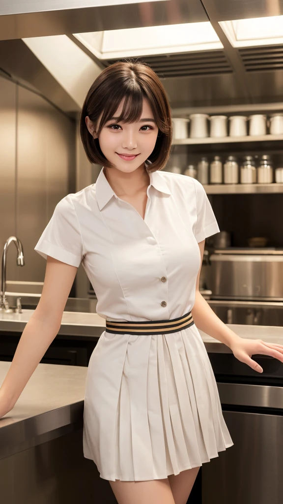 (Highest quality: 1.5), (Realistic: 1.5), (1 person: 1.5), Very detailed, High resolution, 8k,Natural color lips, Cute Smile, Japanese women, 20-year-old girl, Beautiful and elegant features, Perfect and beautiful face, Balanced big eyes, Beautiful and elegant features, Natural double eyelids, Natural Bangs, Beautiful thin nose, Beautiful Skin, Medium Bob Hair , Natural Bangs , Perfect and beautiful face, Slim face and figure,  (Sweet smile), Bright lighting, Professional Lighting, Forward lighting, Beautiful feet: 1.2, Smooth Skin, Slender body, Slim waistline, slim thin thighs,  Cleavage, Detailed clothing, (Short sleeve dress shirt:1.5), (Pleated skirt:1.5),  (Wearing a long chef&#39;s apron,:1.5),  Standing posture, kitchen, Cooking, Apron appearance