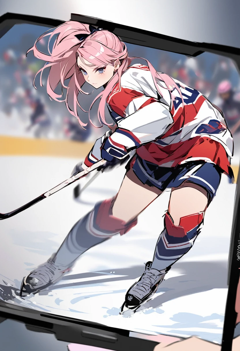 Make an image of a beautiful pretty girl playing hockey, she's pretty, provide a background and make it look more beautiful, give more background view 