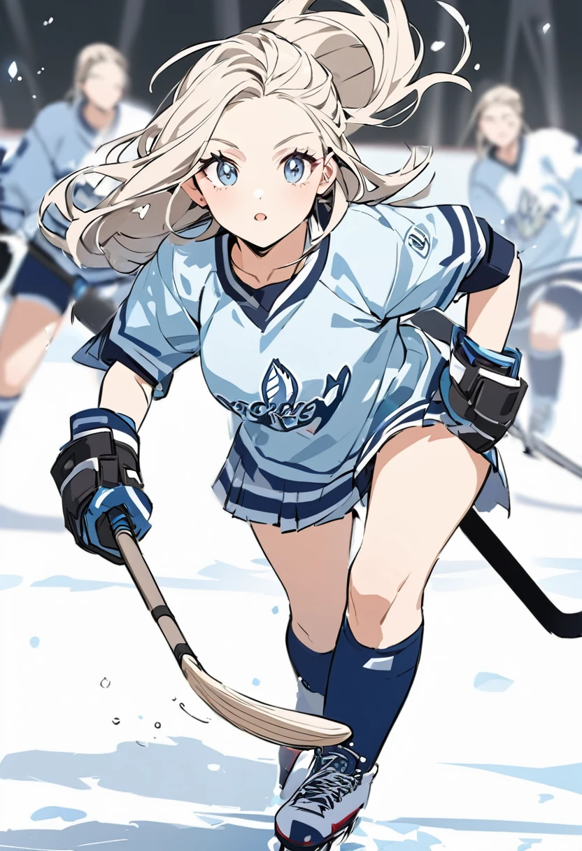 Make an image of a beautiful pretty girl playing hockey, she's pretty, provide a background and make it look more beautiful, give more background view