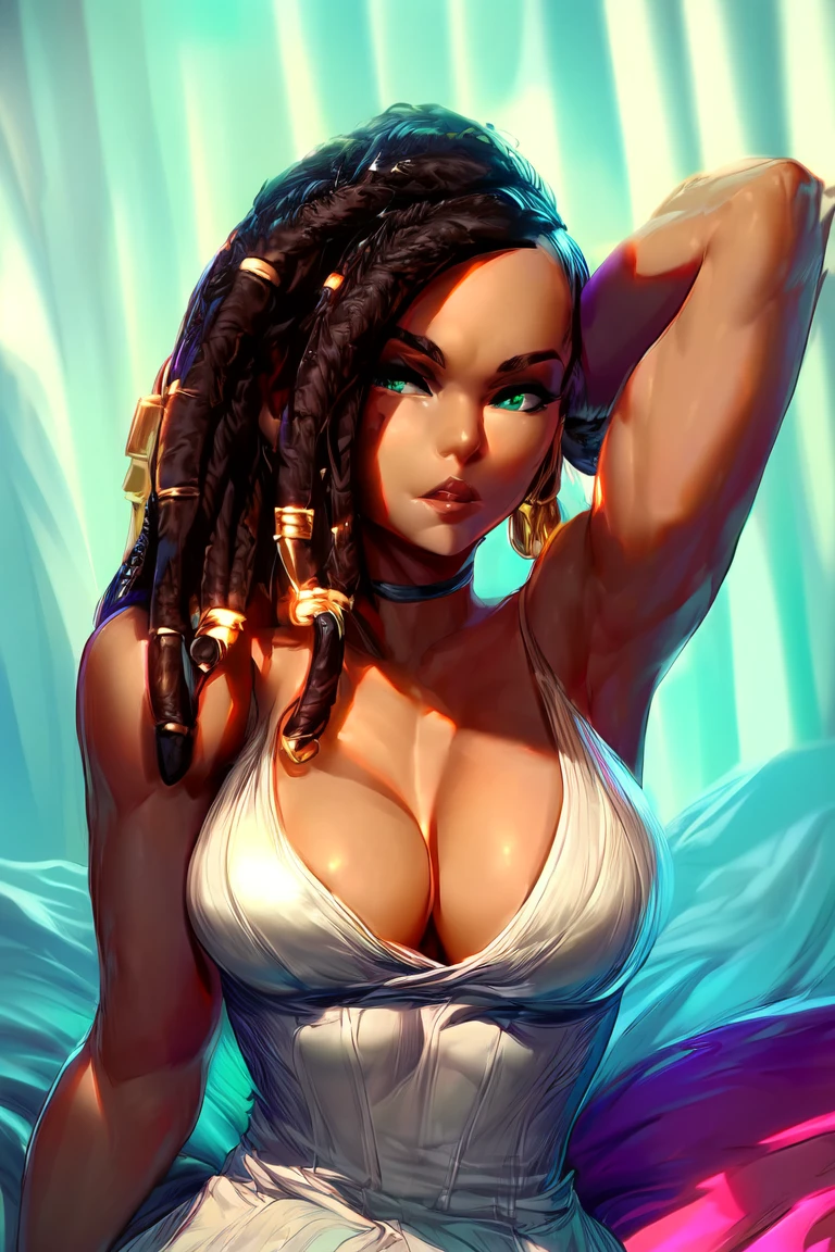 (cutesexyrobutts:0.9), (score_10, score_9_up, score_9, score_8_up, score_7_up, score_6, score_5, score_4, source_anime), (digital painting), (fine line work), (best quality), (extremely detailed), (highest quality), (intricate linework), (intricate details), more detail XL, foto tomada de atras, mirando hacia atras, (senna \(league of legends\)), medium breasts, (gren eyes:1.1), (short evening dress, (deep cleavage:1.0)). Pose sexy muy sugerente, focus ass, mirando hacia arriba
