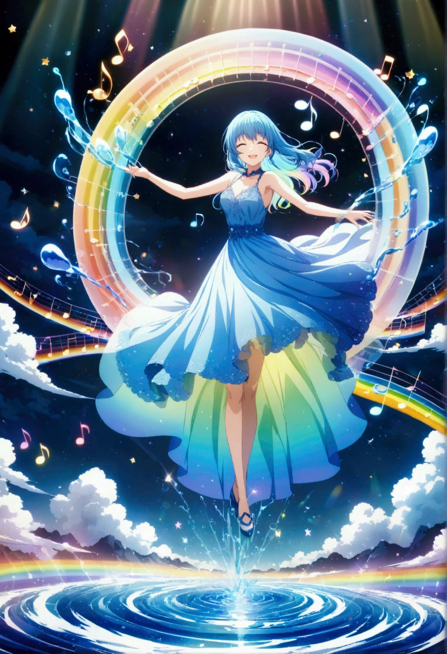 Anime style, ultra-detailed, 8K CG, blue-haired girl, smile, blue world, mysterious blue objects floating, star, (musical note), rainbow, blue dress, reflection, rainbow-colored water dancing around her. Rotating rainbow-colored water.