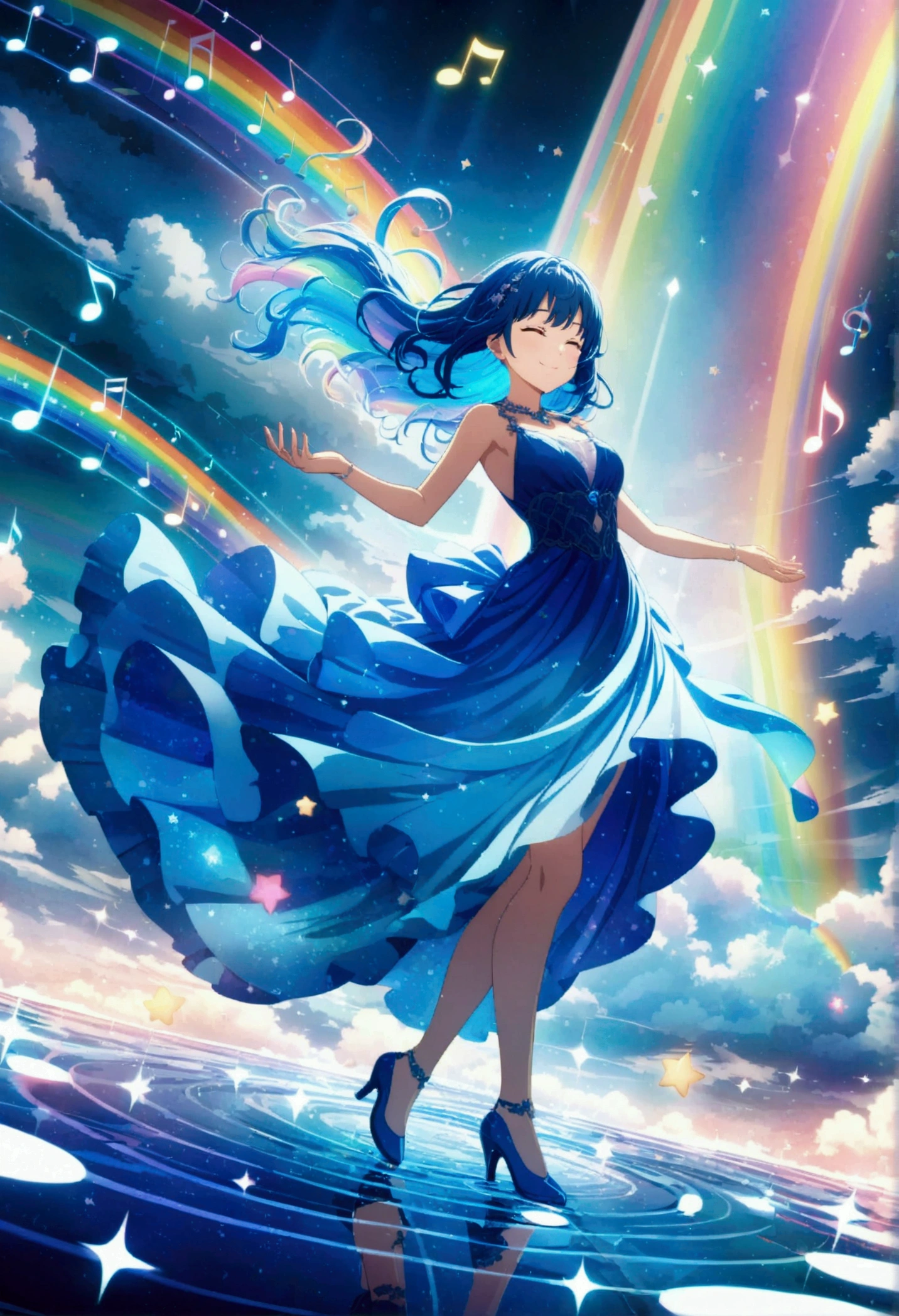 Anime style, ultra-detailed, 8K CG, blue-haired girl, smile, blue world, mysterious blue objects floating, star, (musical note), rainbow, blue dress, reflection, rainbow-colored water dancing around her. Rotating rainbow-colored water.