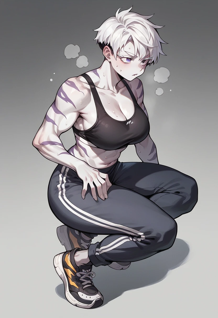 1 girl, short, pixie cut, white hair, white eyelashes, purple eyes, Japanese, white skin, large breast, full body, black sports bra, white hoari with tiger stripes, grey sweat pants