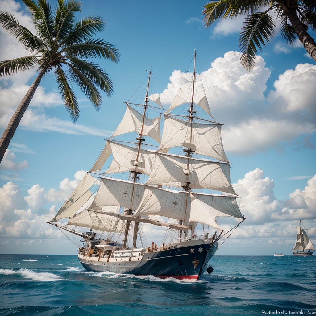 draw a realistic photo of the sea. palm trees .ship with sails sailing on the sea 