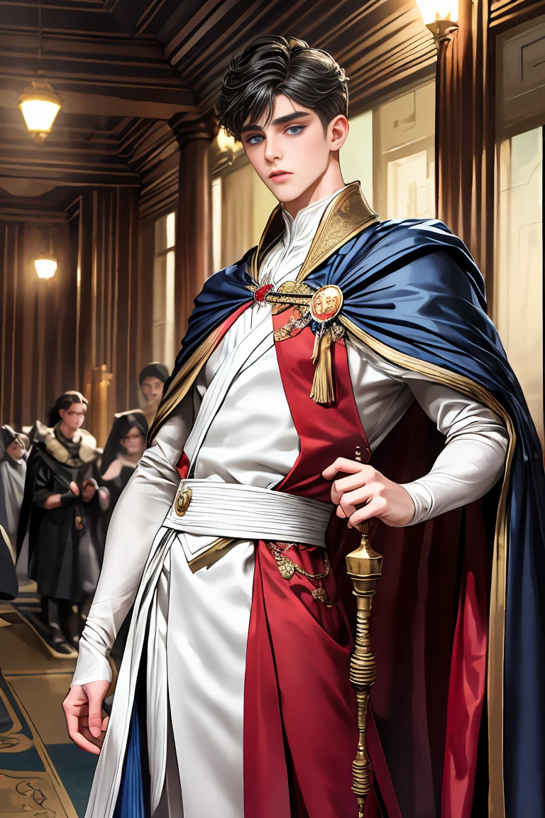 
masterpiece, 最high quality, high quality, 1 boy, alone, Male focus, Watching the audience,  Messy black hair, Adorable big blue eyes, White, Noble, Noble,Sexy voluminous cape、vampire、A very voluminous, large, very large, very large, long, long red and black cape with a high stand-up collar, made of a lot of fabric that reaches down to the floor., 17 years old,Cute beautiful boys,Cute, cute, kind, handsome guy