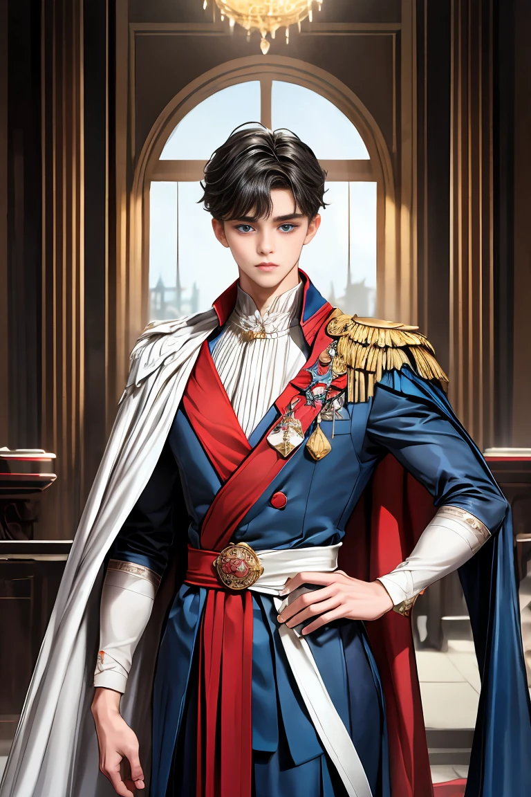 masterpiece, 最high quality, high quality, 1 boy, alone, Male focus, Watching the audience, Messy black hair, Adorable big blue eyes, White, Noble, Noble,Sexy voluminous cape、vampire、A very voluminous, large, very large, very large, long, long red and black cape with a high stand-up collar, made of a lot of fabric that reaches down to the floor., 17 years old,Cute beautiful boys,Cute, cute, kind, handsome guy