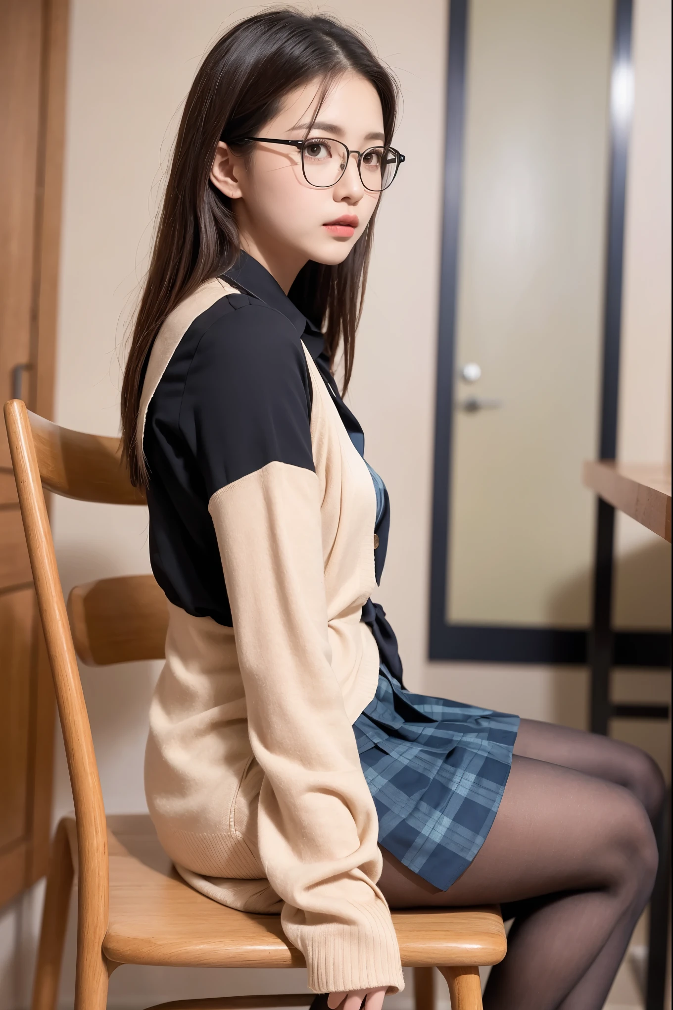 (((8k、High resolution、Highest quality、High resolution)))alone、Natural body shape、White skin、Natural Makeup、((Black Hair、bangs、Straight Long Hair))、(((Glasses)))、、(Sit cross-legged in a chair:1.4)、(())、(((((Full body photo)))))、(((Shot from the side)))、(((Wear a uniform on the upper body)))、Bedroom、(((Of high school))) 、((white collared long sleeve blouse))、((Beige cardigan))、((Pleated skirt with dark blue plaid pattern、mini skirt、Ultra-realistic pantyhose))、、、Expressionless、((Exposing thighs))