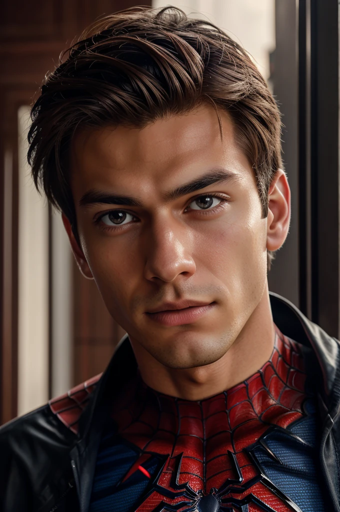 A photograph of spider man, no mask, 20 yo, handsome, detailed face, looking at camera, portrait, 8k uhd, high quality