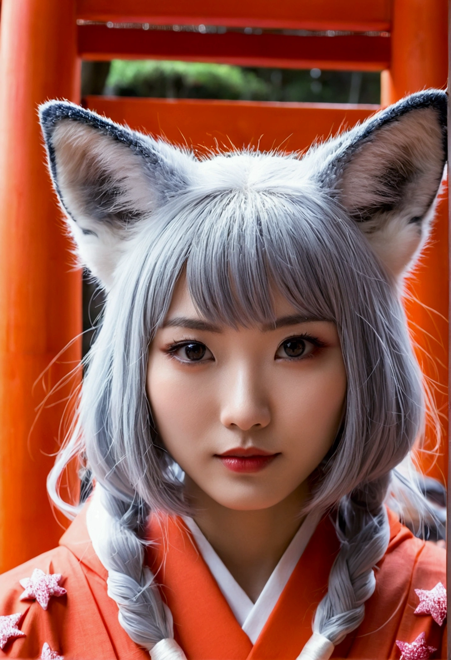 Pretty face、Beautiful ice star piece best quality Midnight Fox-eared beauty Silver Hair generally 20-year-old foxes get married Fushimi Inari Taisha Shrine wonderful mystery Wonderland Rainy day in Gion, Kyoto
