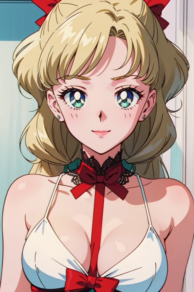 (masterpiece, best quality, beautiful and aesthetic:1.3), 1girl, light smile, solo, EPTakeuchiNaokoStyle, beautiful face, beautiful eyes, 1990s \(style\), anime screencap, retro artstyle, anime coloring, traditional media,red ribbon,blunt bangs,green eyes,ringlets, twin drills,blonde hair.lace, large breasts,princess,{{{shaded face,seductive smile}}},