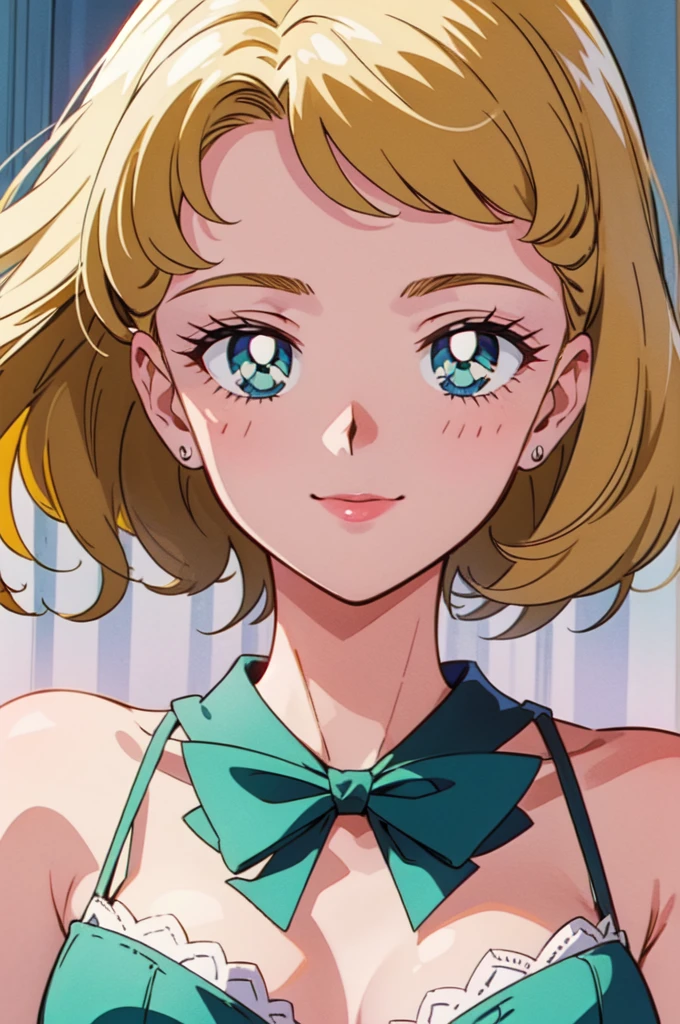 (masterpiece, best quality, beautiful and aesthetic:1.3), 1girl, light smile, solo, EPTakeuchiNaokoStyle, beautiful face, beautiful eyes, 1990s \(style\), anime screencap, retro artstyle, anime coloring, traditional media,red ribbon,blunt bangs,green eyes,ringlets, twin drills,blonde hair.lace, large breasts,princess,{{{shaded face,seductive smile}}},