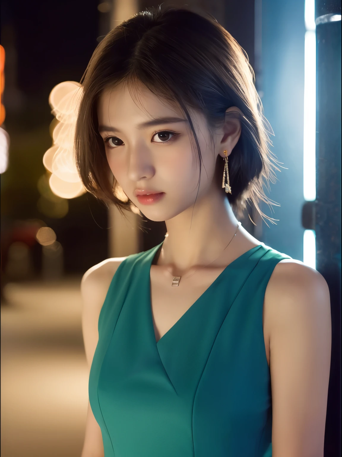(8k, Top quality, Masterpiece:1.2), (Realistic, photo-realistic:1.37), Super detailed, perfect anatomy, cute, small eyes, high slit dress, 18-years old, a Japanese, girl, at night, earrings, pendant, cigarette,