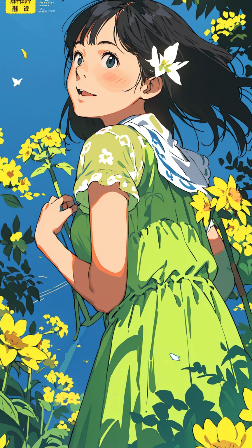 Affordable design, Clear lines, High Sharpness, (Highest quality,8k,Perfect sharpness,Ultra fine,High resolution,masterpiece:1.2), Perfect Anatomy:1.5, Official Art, Illustrations that tell a story, (Whitish background:0. 9）、Body Positivity、多Mr.な身体表現、（Random and energetic poses）、Perfect beauty、Perfect beautiful face、Strong winds、A rich expression、Dynamic composition、smile、Golden ratio composition、colorful、（(Mr.々Different angles and perspectives)）、Anime Art、(Mini dress)、（Overcoming stereotypes）、 Glowing Skin、（Natural beauty）、smile、Bangs、（Soft and flowing hair）、（countryside）、（Nostalgic atmosphere）、Put it up to your thighs、（Playful and carefree）、（多Mr.な民族のキャラクター）、（innocent attitude）、（Sunny atmosphere）、(The skirt flutters wildly in the wind)、（Bright colors）、Beautiful Eyes、(Embarrassing)、Braided Hair、Summer Scene、Smiling among flowers、Fashion magazine cover、Side angle、Angle from below、