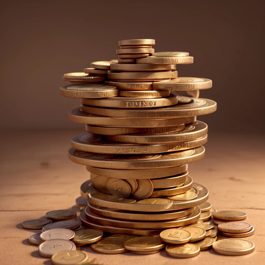 Illustration of a pile of coins with different levels, and above the coin there is a miniature of a rich person