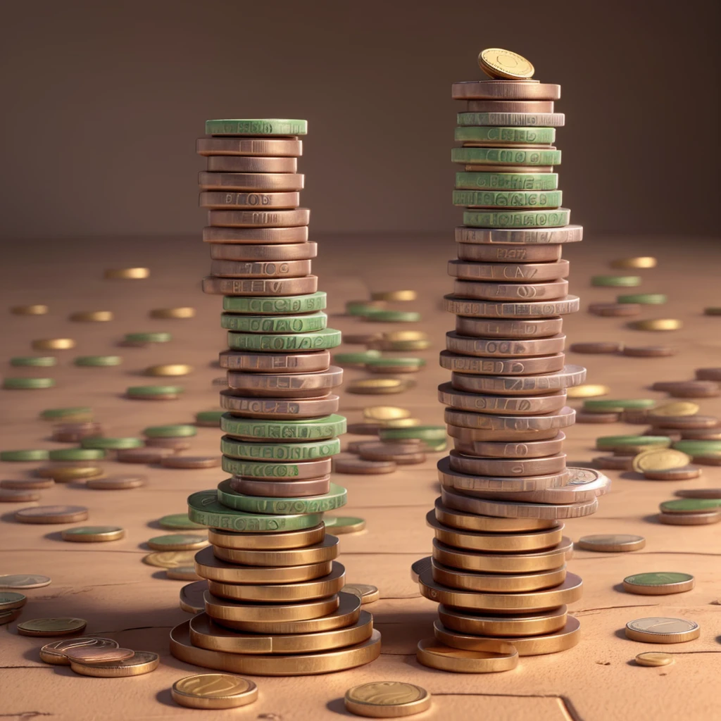 Illustration of a pile of coins with different levels, and above the coin there is a miniature of a rich person
