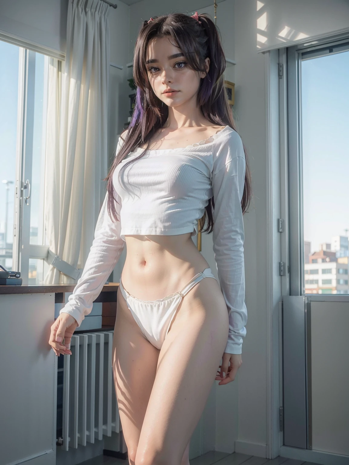 (1 lady), (Best quality at best:1.4), (ultra - detailed), (extremely detailed CG unified 16k), A Beautiful Woman with Perfect Figure: 1.4, Sharp Focus: 1.2, very detailed, High-definition RAW color photo, professional photoshooting, amazing face and eyes, (amazingly beautiful girl), ((masterpiece)), realistic cinematic face, head to feet long wide zoomed out view, full body long view, photorealistic, standing, wearing white long sleeves shirt, purple ?????, ((highres)), ((detailed background)), solo, gym woman body, natural lighting, sunset, (ichinose kotomi), gorgeous, extremely beautiful face, perfect model beauty, Highly Detailed Face and Skin Texture, Detailed Eyes, Double Eyelids, ((realistic natural purple hair style, purple eyes, long hair, hair ornaments)) RAW UHD 8k photography, tarankaaa, not Dasha Taran, library background, extremely detailed, blurred background, depth of field, cinematic lighting, amazing legs, high heels, clear and well-cared skin, big ???, round ???, athletic, big proportions body, looking at viewer, frontal take,