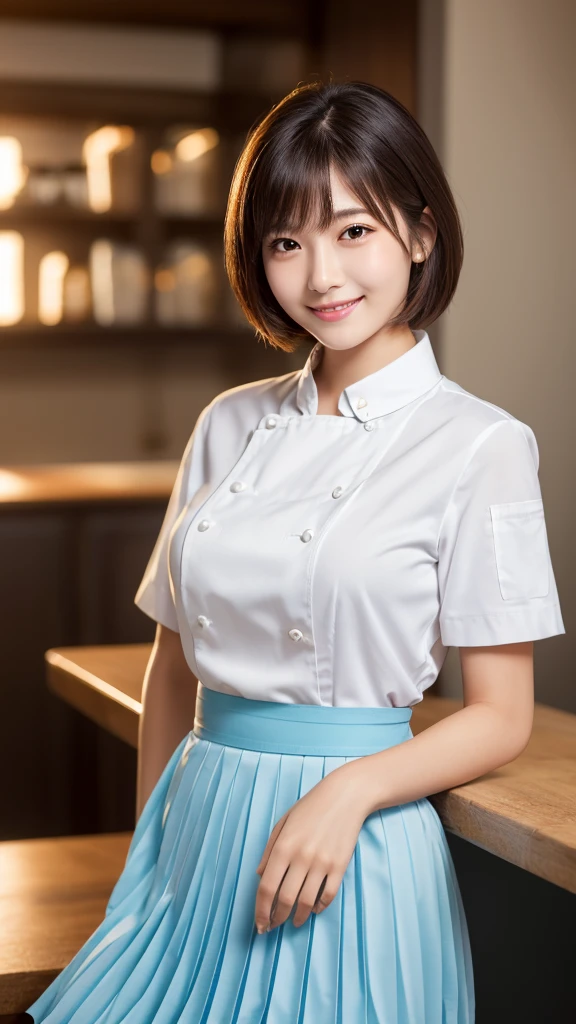 (Highest quality: 1.5), (Realistic: 1.5), (1 person: 1.5), Very detailed, High resolution, 8k,Natural color lips, Cute Smile, Japanese women, 20-year-old girl, Beautiful and elegant features, Perfect and beautiful face, Balanced big eyes, Beautiful and elegant features, Natural double eyelids, Natural Bangs, Beautiful thin nose, Beautiful Skin, Medium Bob Hair , Natural Bangs , Perfect and beautiful face, Slim face and figure,  (Sweet smile), Bright lighting, Professional Lighting, Forward lighting, Beautiful feet: 1.2, Smooth Skin, Slender body, Slim waistline, slim thin thighs,  Cleavage, Detailed clothing, (Short sleeve dress shirt:1.5), (Pleated skirt:1.5),  (Wearing a long chef&#39;s apron,:1.5),  Standing posture, kitchen, Cooking, Apron appearance