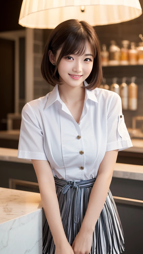 (Highest quality: 1.5), (Realistic: 1.5), (1 person: 1.5), Very detailed, High resolution, 8k,Natural color lips, Cute Smile, Japanese women, 20-year-old girl, Beautiful and elegant features, Perfect and beautiful face, Balanced big eyes, Beautiful and elegant features, Natural double eyelids, Natural Bangs, Beautiful thin nose, Beautiful Skin, Medium Bob Hair , Natural Bangs , Perfect and beautiful face, Slim face and figure, (Sweet smile), Bright lighting, Professional Lighting, Forward lighting, Beautiful feet: 1.2, Smooth Skin, Slender body, Slim waistline, slim thin thighs, Cleavage, Detailed clothing, (Short sleeve dress shirt:1.5), (Pleated skirt:1.5), (Wearing a long chef's apron,:1.5), Standing posture, kitchen, Cooking, Apron appearance