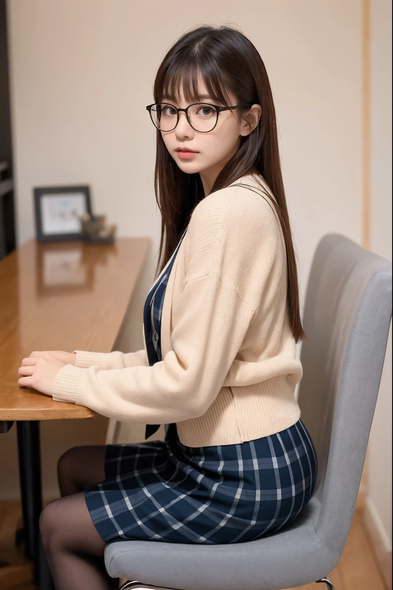 (((8k、High resolution、Highest quality、High resolution)))alone、Natural body shape、White skin、Natural Makeup、((Black Hair、bangs、Straight Long Hair))、(((Glasses)))、、(Sit cross-legged in a chair:1.4)、(())、(((((Full body photo)))))、(((Shot from the side)))、(((Wear a uniform on the upper body)))、Bedroom、(((Of high school))) 、((white collared long sleeve blouse))、((Beige cardigan))、((Pleated skirt with dark blue plaid pattern、mini skirt、Ultra-realistic pantyhose))、、、Expressionless、((Exposing thighs))