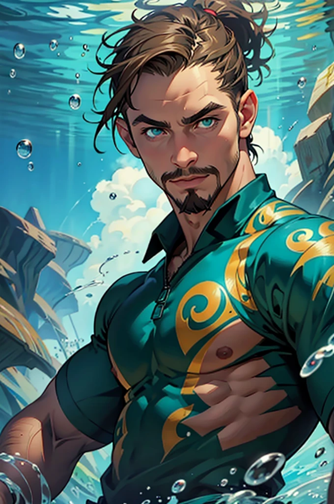 Portrait drawing. Underwater man with short brown hair pulled back, green eyes and a hooked nose. He looks relaxed, his eyebrows are at ease. He has a short mustache and goatee. He is wielding waterbending magic. The suroundings is dark blue sea waters, bubbles.