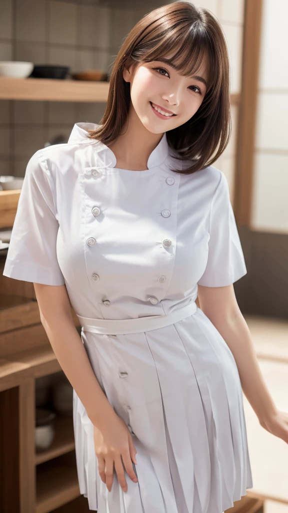(Highest quality: 1.5), (Realistic: 1.5), (1 person: 1.5), Very detailed, High resolution, 8k,Natural color lips, Cute Smile, Japanese women, 20-year-old girl, Beautiful and elegant features, Perfect and beautiful face, Balanced big eyes, Beautiful and elegant features, Natural double eyelids, Natural Bangs, Beautiful thin nose, Beautiful Skin, Medium Bob Hair , Natural Bangs , Perfect and beautiful face, Slim face and figure,  (Sweet smile), Bright lighting, Professional Lighting, Forward lighting, Beautiful feet: 1.2, Smooth Skin, Slender body, Slim waistline, slim thin thighs,  Cleavage, Detailed clothing, (Short sleeve dress shirt:1.5), (Pleated skirt:1.5),  (Wearing a long chef&#39;s apron,:1.5),  Standing posture, kitchen, Cooking, Apron appearance