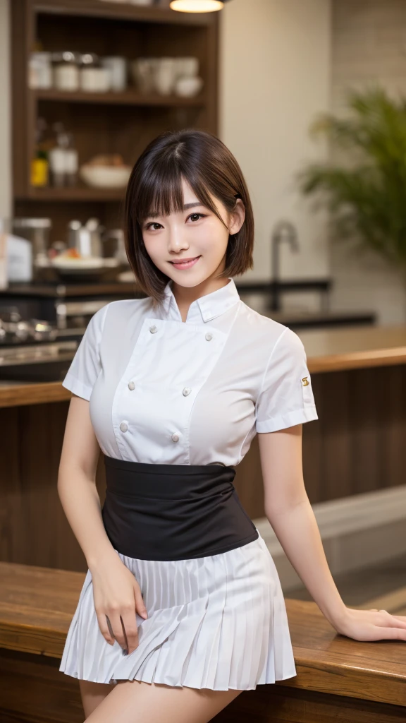 (Highest quality: 1.5), (Realistic: 1.5), (1 person: 1.5), Very detailed, High resolution, 8k,Natural color lips, Cute Smile, Japanese women, 20-year-old girl, Beautiful and elegant features, Perfect and beautiful face, Balanced big eyes, Beautiful and elegant features, Natural double eyelids, Natural Bangs, Beautiful thin nose, Beautiful Skin, Medium Bob Hair , Natural Bangs , Perfect and beautiful face, Slim face and figure, (Sweet smile), Bright lighting, Professional Lighting, Forward lighting, Beautiful feet: 1.2, Smooth Skin, Slender body, Slim waistline, slim thin thighs, Cleavage, Detailed clothing, (Short sleeve dress shirt:1.5), (Pleated skirt:1.5), (Wearing a long chef's apron,:1.5), Standing posture, kitchen, Cooking, Apron appearance