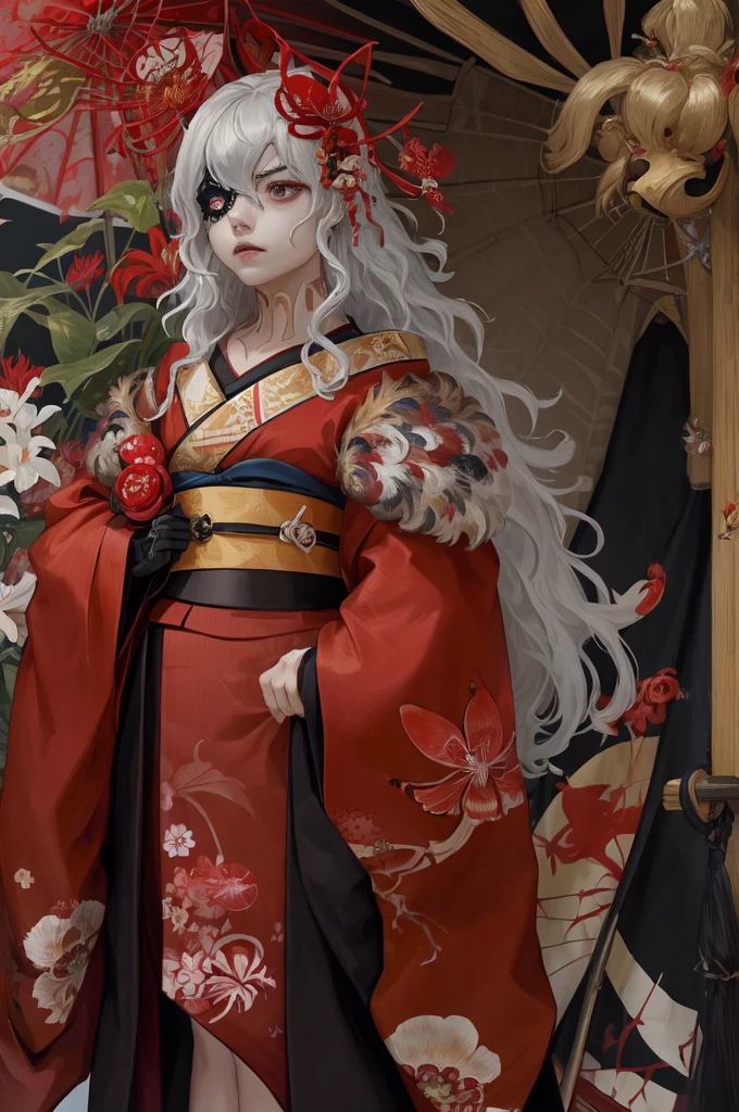 absurdres, masterpiece, best quality, 1girl, solo, standing, emblany, one eye covered, spider lily, kimono,  