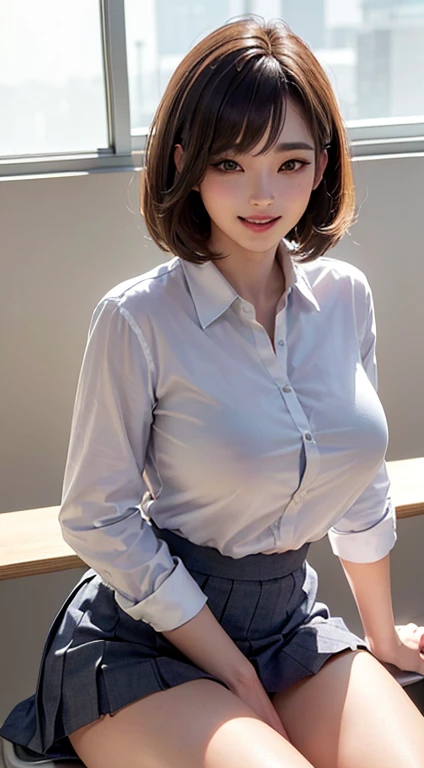 (masterpiece, Highest quality, Realistic:1.3), Intricate details, (17 year old Korean beauty, K-Pop Idols:1.2), Dynamic Angle, View your viewers, (Detailed Realistic Lighting, Backlight, shadowing:1.1), (((whole body))), (Fine eyebrows, Short hair with bangs, Realistic beautiful eyes, Realistic glossy skin, Handsome face with great attention to detail:1.1), (Mischievous Smile:1.4), (thin. Huge breasts, thinウエスト, Thighs, Wide Hips, Perfect figure:1.1), (Lift your legs, Sitting at a desk:1.2), (From below), Panties are visible, (school uniform), (Checked skirt), (Short skirt), (I can see your crotch), blonde, ((eye shadow)), Mouth closed, Detailed Hair, ((whole body))