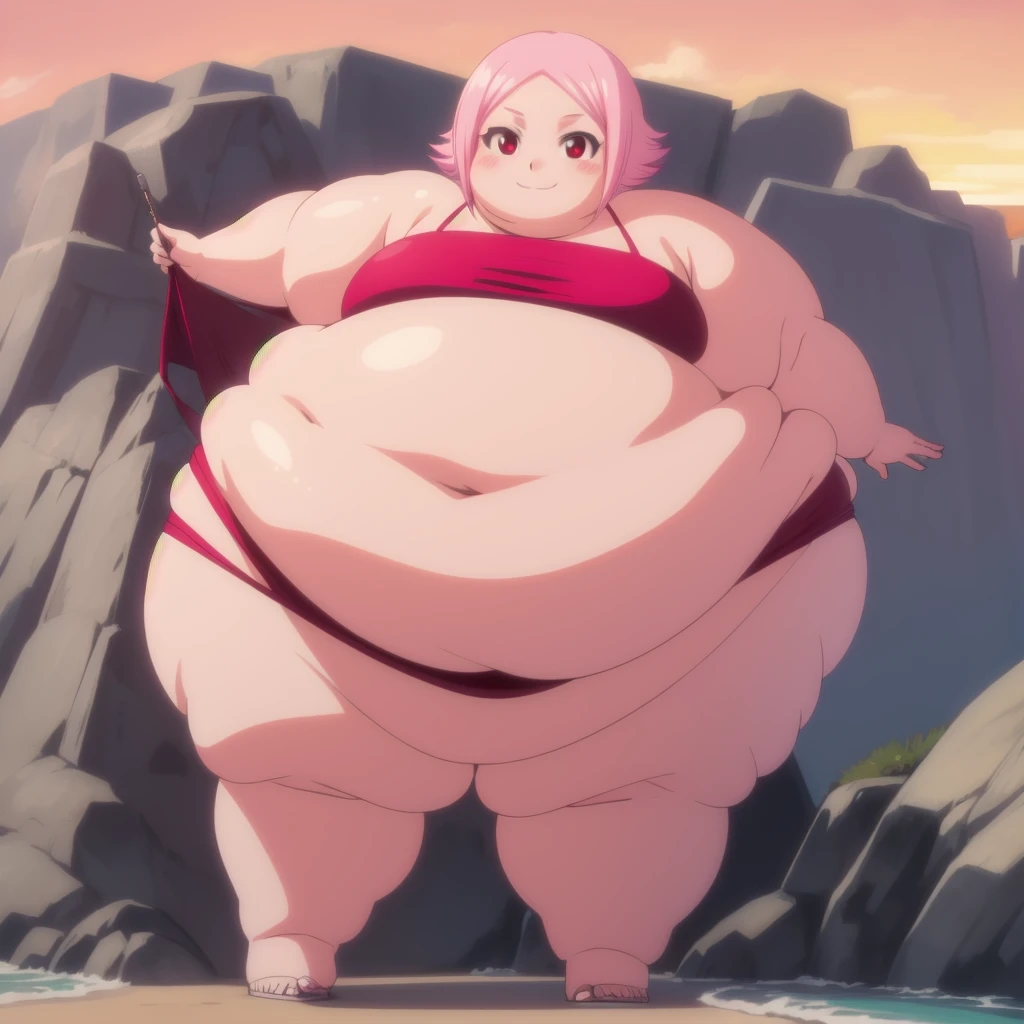 standing, smile, blush, 1girl, obese yachiru kusajishi, thick thighs, big cheeks, fat belly, small fat neck, cute, fat arms, perfect body, pink hair, short hair, red eyes, no pupils, small breats, red bikini, ultra detailed, masterpiece, best quality, aesthetic, detailed, beach sunset, nsfw art