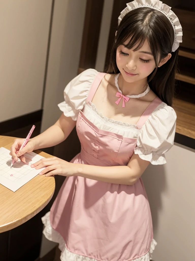 There is a cute maid, she is drawing hearts on omelet rice with ketchup, wearing pink Maid clothes