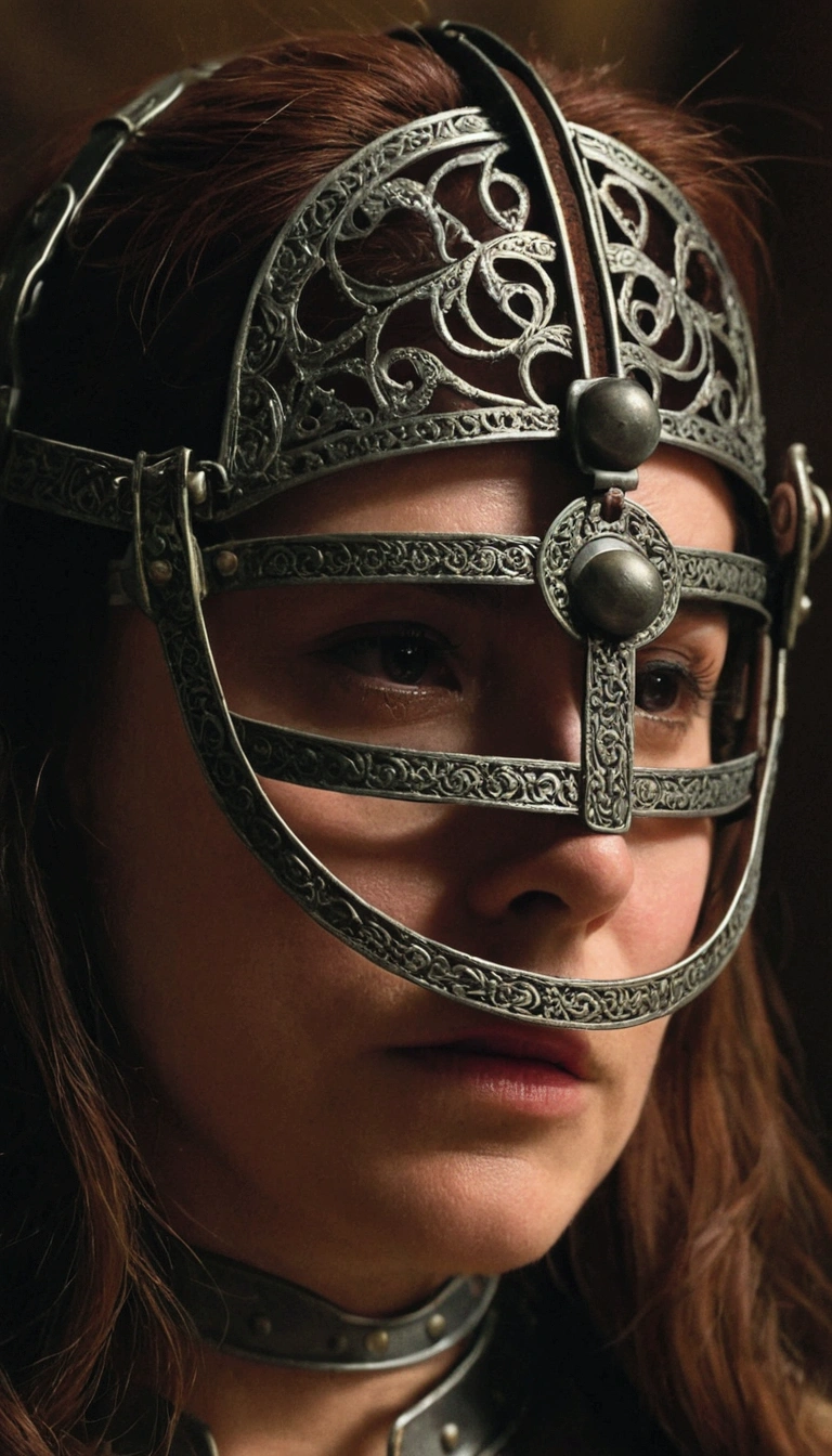 Image is a detailed close-up view of the Scold's Bridle on the woman's head. The iron mask and metal gag are clearly visible. The lighting is focused, highlighting the intricate and harsh design of the device.