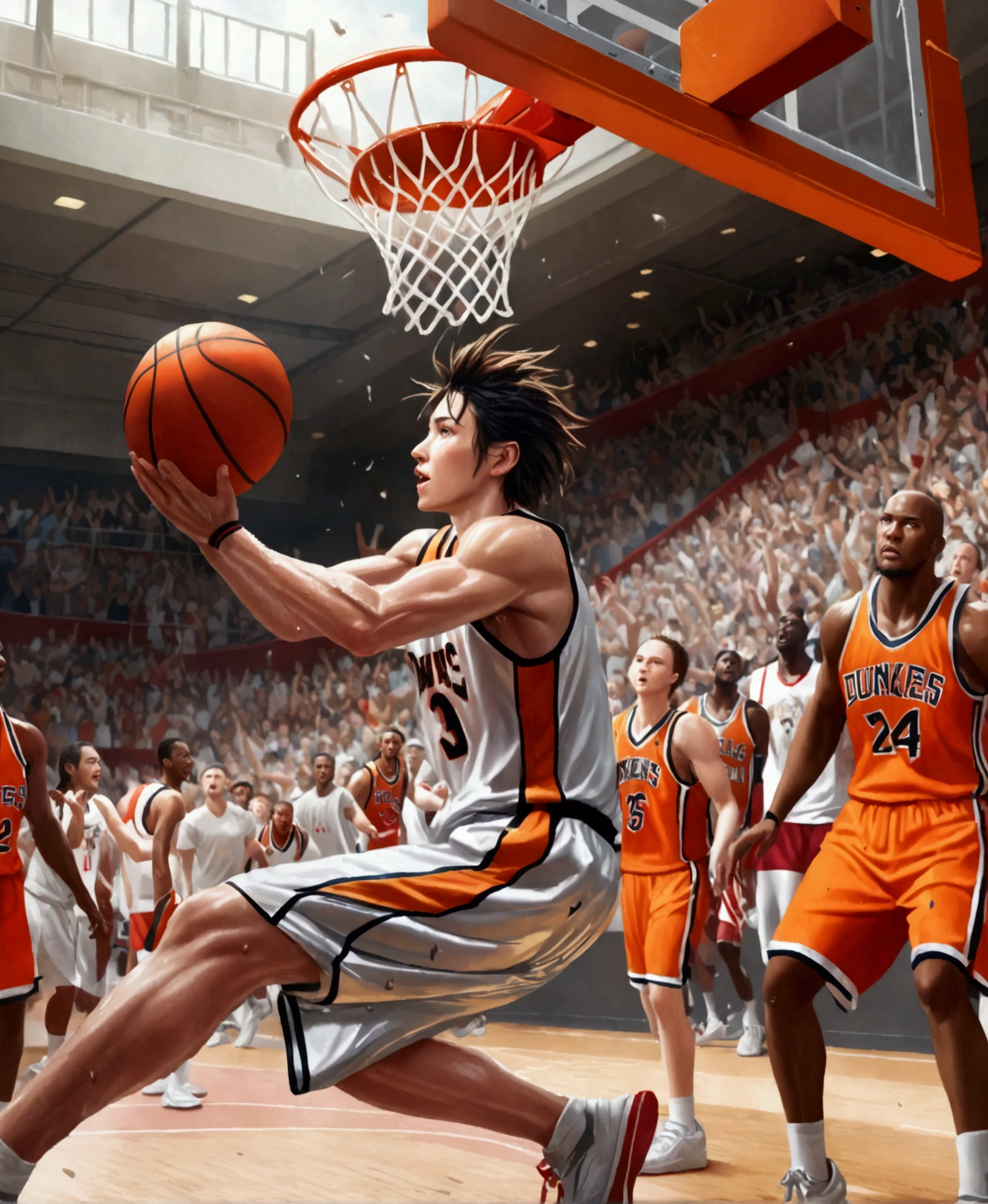 a basketball player dunking a basketball,basketball court,basketball hoop,athletic movement,dynamic action,dramatic angle,motion blur,sweat,determination,crowd cheering,bright lighting,vibrant colors,cinematic composition,(best quality,4k,8k,highres,masterpiece:1.2),ultra-detailed,(realistic,photorealistic,photo-realistic:1.37),sports photography