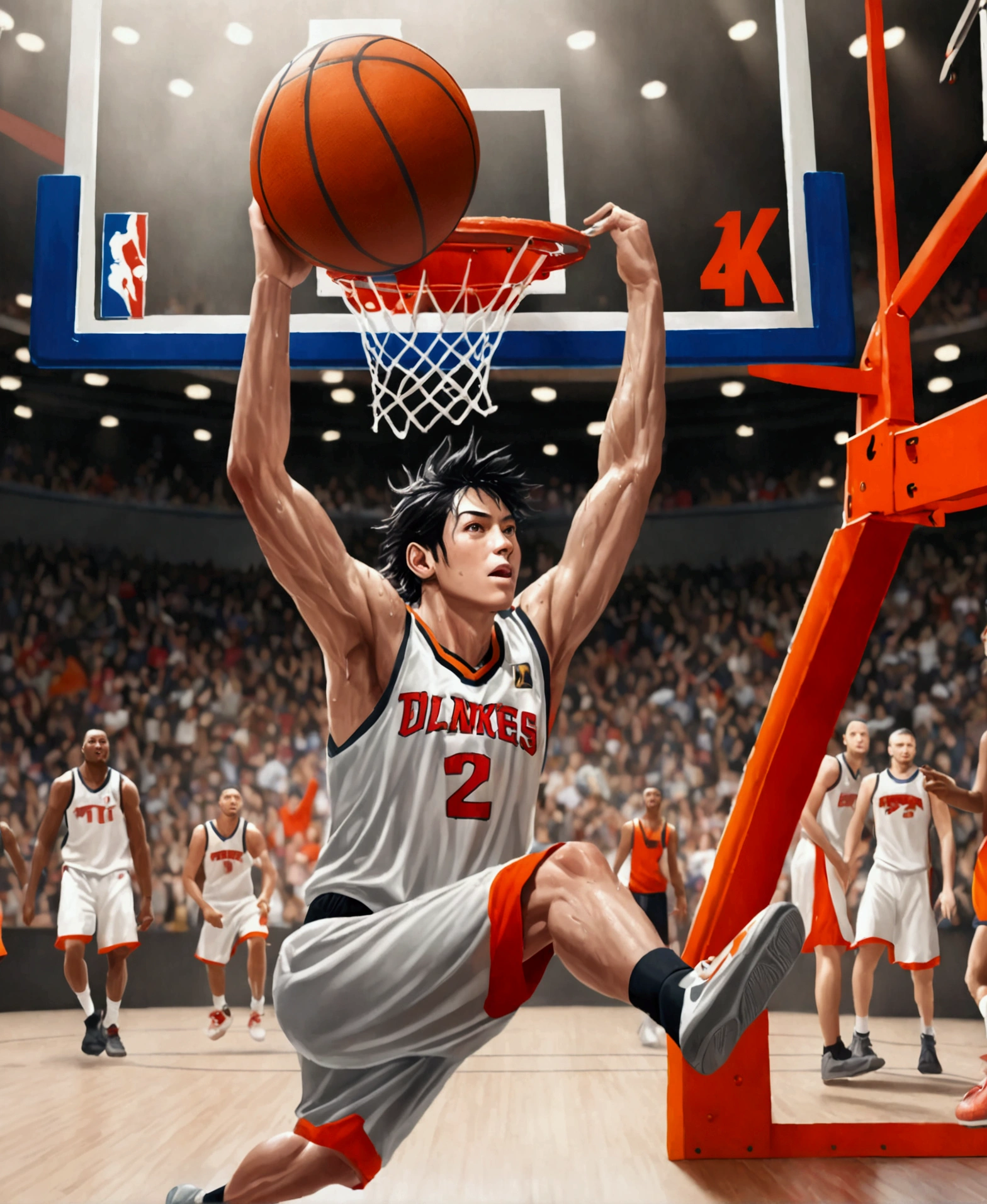 a basketball player dunking a basketball,basketball court,basketball hoop,athletic movement,dynamic action,dramatic angle,motion blur,sweat,determination,crowd cheering,bright lighting,vibrant colors,cinematic composition,(best quality,4k,8k,highres,masterpiece:1.2),ultra-detailed,(realistic,photorealistic,photo-realistic:1.37),sports photography
