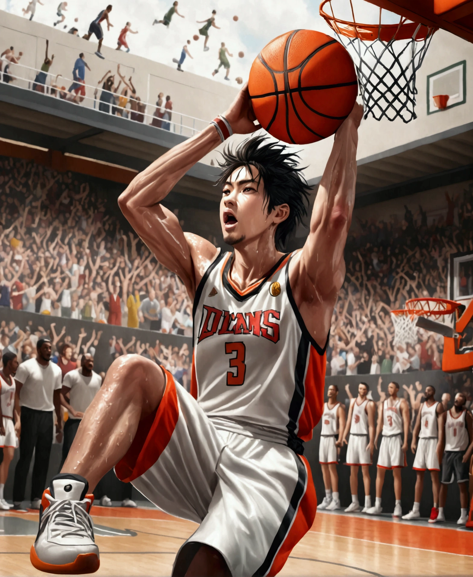 a basketball player dunking a basketball,basketball court,basketball hoop,athletic movement,dynamic action,dramatic angle,motion blur,sweat,determination,crowd cheering,bright lighting,vibrant colors,cinematic composition,(best quality,4k,8k,highres,masterpiece:1.2),ultra-detailed,(realistic,photorealistic,photo-realistic:1.37),sports photography