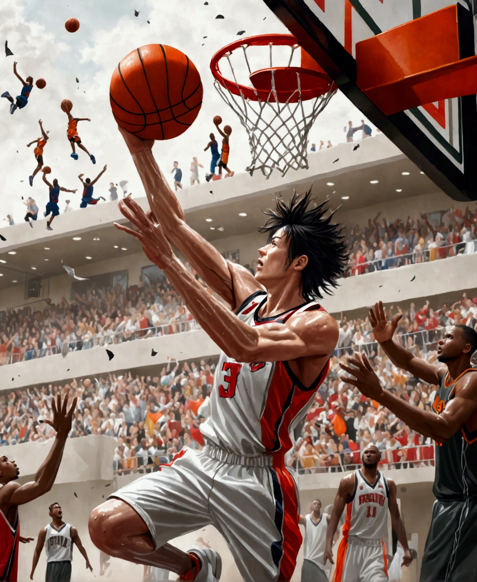 a basketball player dunking a basketball,basketball court,basketball hoop,athletic movement,dynamic action,dramatic angle,motion blur,sweat,determination,crowd cheering,bright lighting,vibrant colors,cinematic composition,(best quality,4k,8k,highres,masterpiece:1.2),ultra-detailed,(realistic,photorealistic,photo-realistic:1.37),sports photography