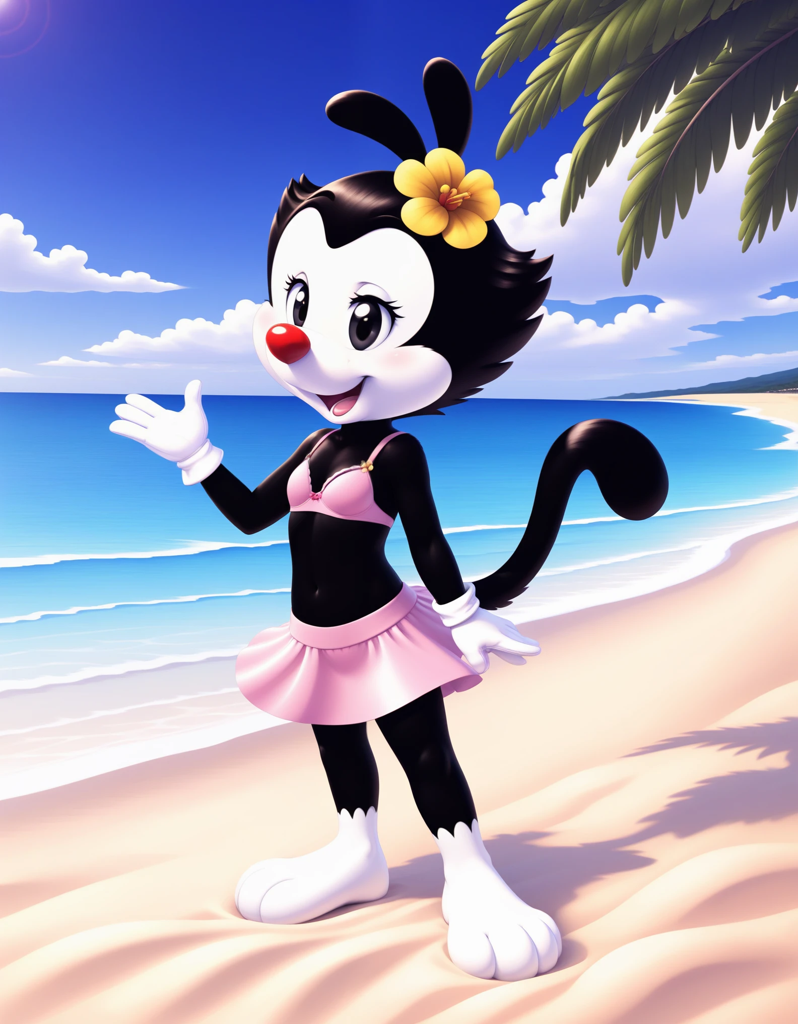 solo, cub, , dwarf, dotw, girl, flat chest, black body, black head, white cheeks, white legs, black ears, mouth open, black tail, white eyelids, black eyes, Red nose, white gloves, yellow flower on head, pink skirt, pink bra, standing on the beach, modest, naive, on the beach, masterpiece, detailed, detailed background, 8k, 4k, detailed shaders
[best quality, shaded, extreme detail, highly detailed, ultradetailed, intricate, realistic], featureless chest