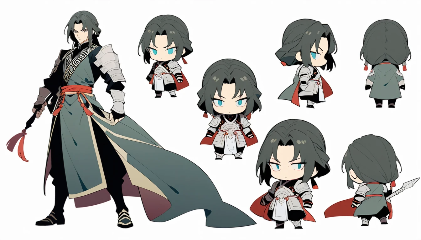 Zhao Yun,whole body,(Full body, three views, front, side, back, chibi),30-year-old Chinese general,Serious face,Sharp eyes,Wearing silver armor,Holding a spear,White background。アニメ, celluoid,flat colors,clear lines, masterpiece, best quality, very aesthetic, absurd