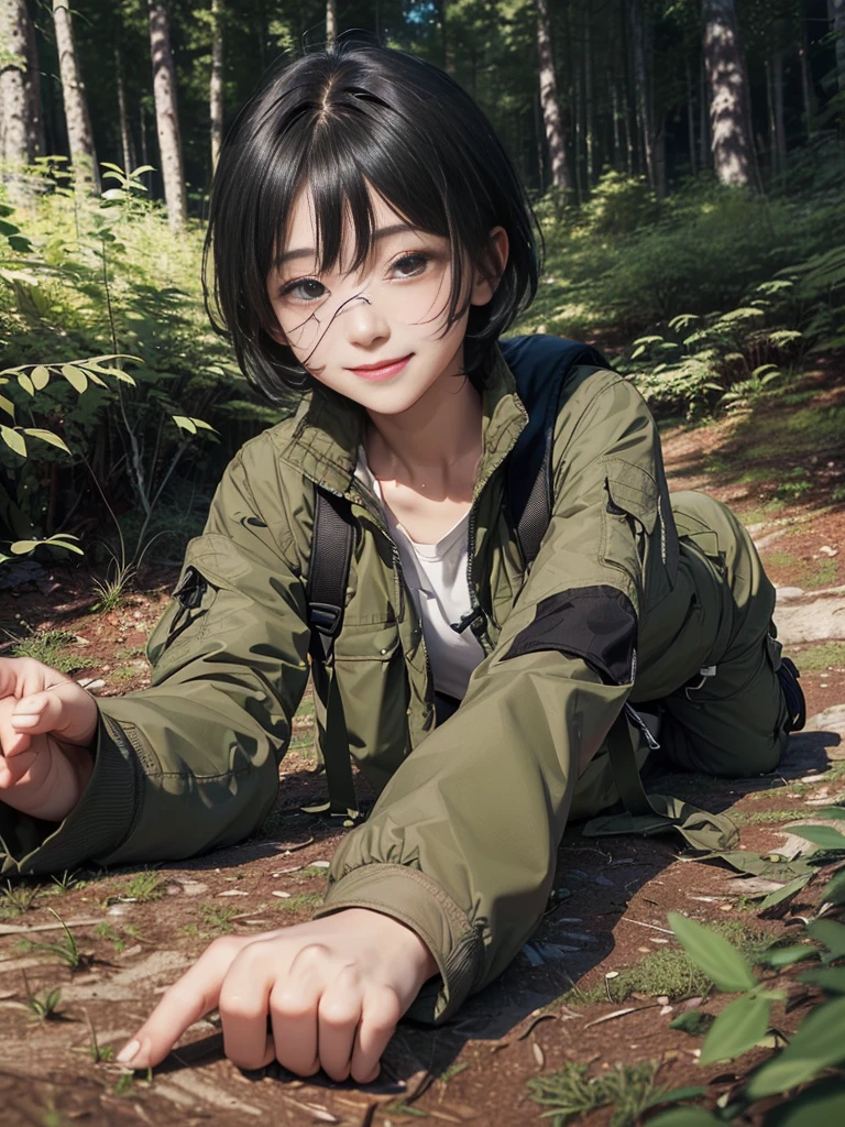 (((Masterpiece))), (high quality), one Japanese boy, 18 years old,(tall and thin,sleepy droopy eyes, long face, (thin cheeks:1.2),(black shaggy short hair,blank expression,smile:1.5),(khaki outdoor jacket,Olive cargo pants,Black trekking shoes,Black Rucksack,Full body portrait:1.5),(The background is a forest at night:1.5),(Lying in the woods at night,Lying directly on the ground,Fainted:1.5)