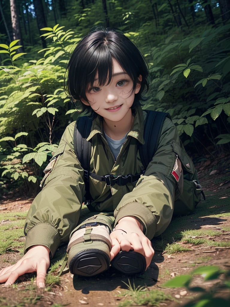 (((Masterpiece))), (high quality), one Japanese boy, 18 years old,(tall and thin,sleepy droopy eyes, long face, (thin cheeks:1.2),(black shaggy short hair,blank expression,smile:1.5),(khaki outdoor jacket,Olive cargo pants,Black trekking shoes,Black Rucksack,Full body portrait:1.5),(The background is a forest at night:1.5),(Lying in the woods at night,Lying directly on the ground,Fainted:1.5)