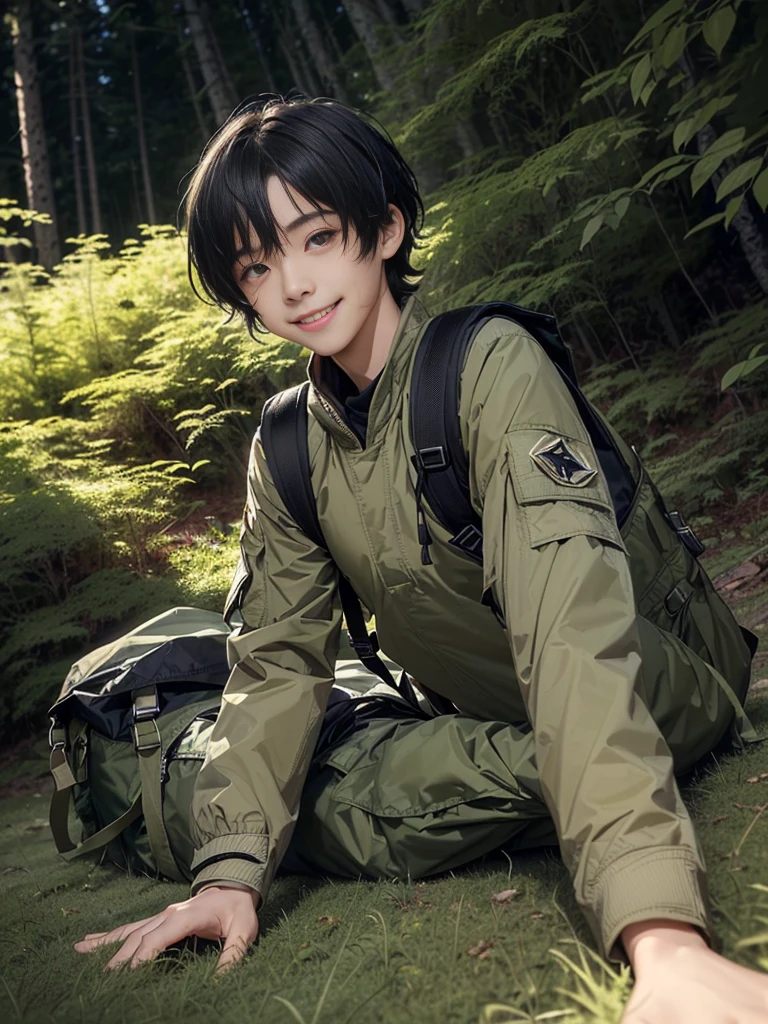 (((Masterpiece))), (high quality), one Japanese boy, 18 years old,(tall and thin,sleepy droopy eyes, long face, (thin cheeks:1.2),(black shaggy short hair,blank expression,smile:1.5),(khaki outdoor jacket,Olive cargo pants,Black trekking shoes,Black Rucksack,Full body portrait:1.5),(The background is a forest at night:1.5),(Lying in the woods at night,Lying directly on the ground,Fainted:1.5)