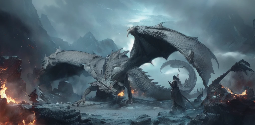 there is a dragon that is standing in the middle of a fire, battle with dragon, 4K fantasy art, 8K fantasy art, Epic Fantasy Illustration, dragons, dragon in the background, fighting a dragon, epic fantasy science fiction illustration, fantasy art behance, d & d fantasy digital art, epic fantasy digital art style, fantasy epic digital art, Epic fantasy work
