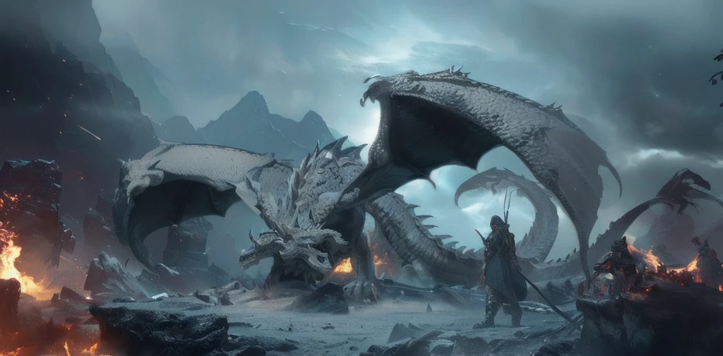 there is a dragon that is standing in the middle of a fire, battle with dragon, 4K fantasy art, 8K fantasy art, Epic Fantasy Illustration, dragons, dragon in the background, fighting a dragon, epic fantasy science fiction illustration, fantasy art behance, d & d fantasy digital art, epic fantasy digital art style, fantasy epic digital art, Epic fantasy work