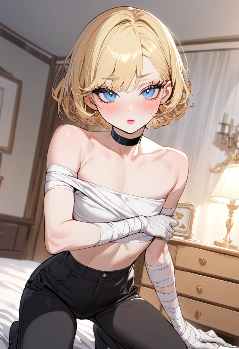 1boy, solo, black eyeliner, bob hairstyle, blonde hair, handsome, blue eyes, black choker, white long Bandage glove, kneeling, black pants, bed, room, pink lipstick, femboy, blush, thin waist, thick eyelashes, (long eyelashes, detailed eyelashes)
